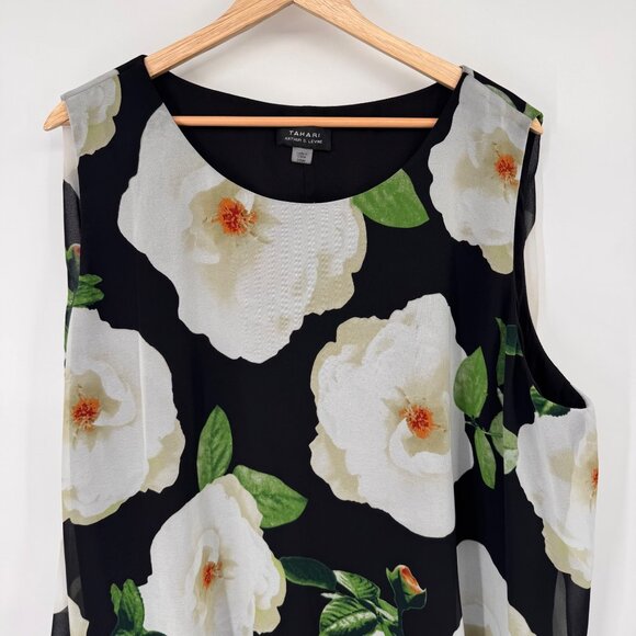Tahari Arthur S. Levine Floral Layered Sleeveless Dress 20W Black  White plus - Picture 3 of 14
